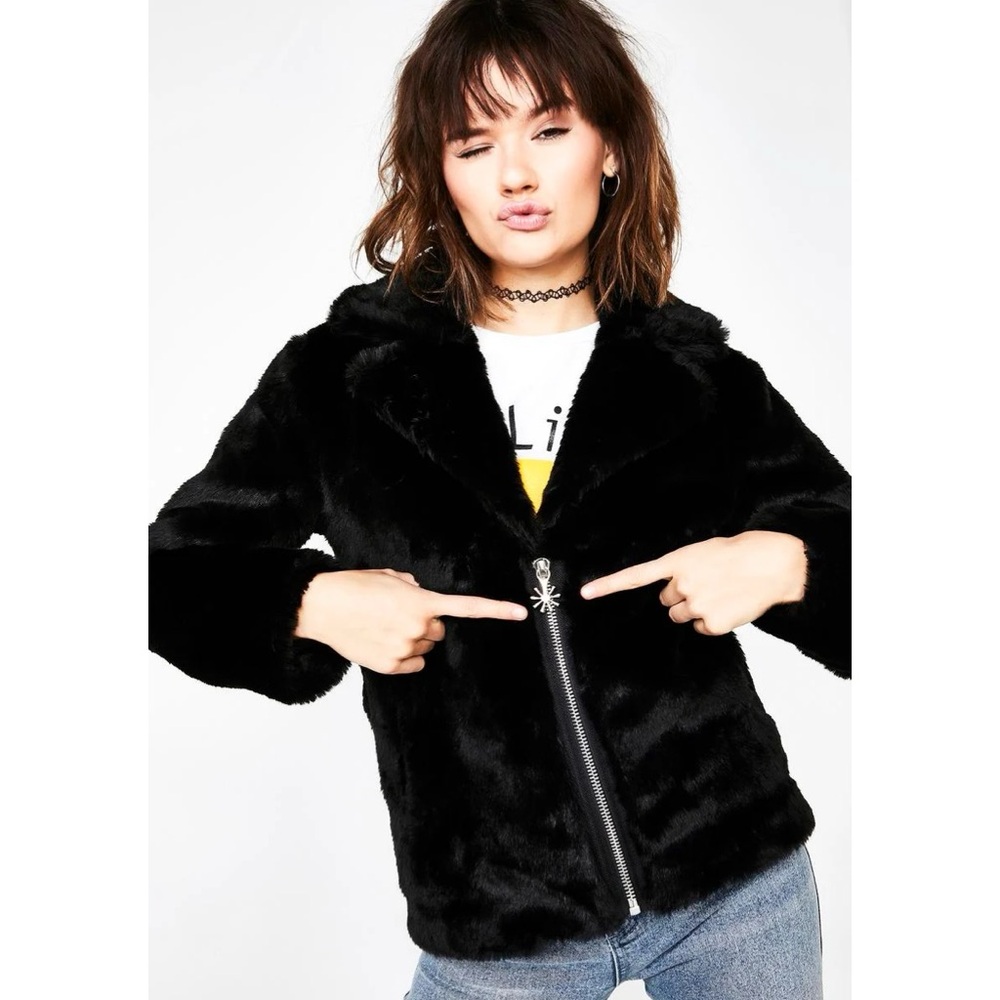 dELiA*s x Dolls Kill Black Faux Fur Jacket with Yellow Smiley - Picture 2 of 4